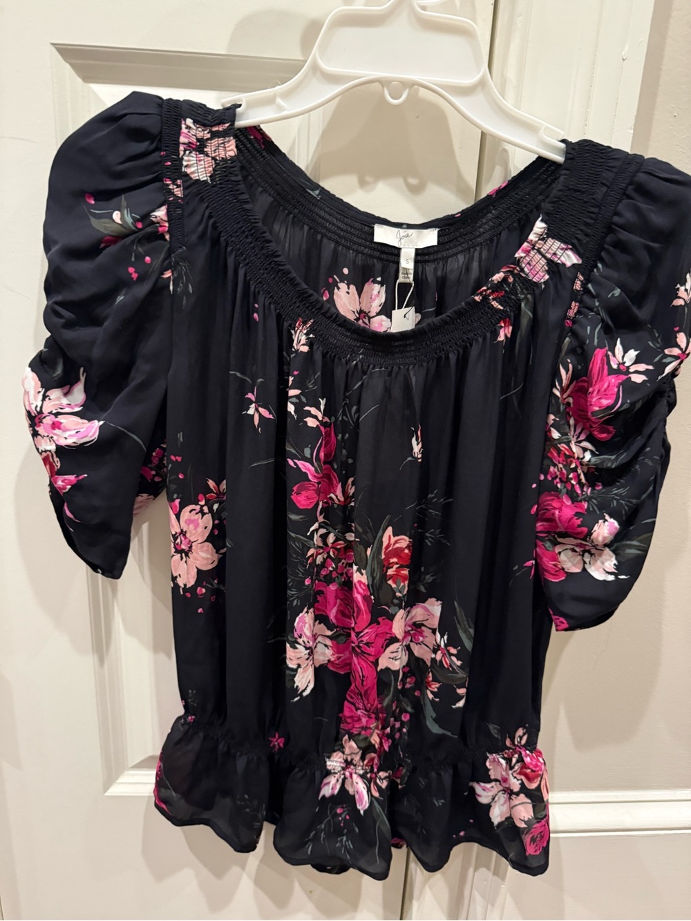 Joie Black silk Blouse with Pink Floral Print